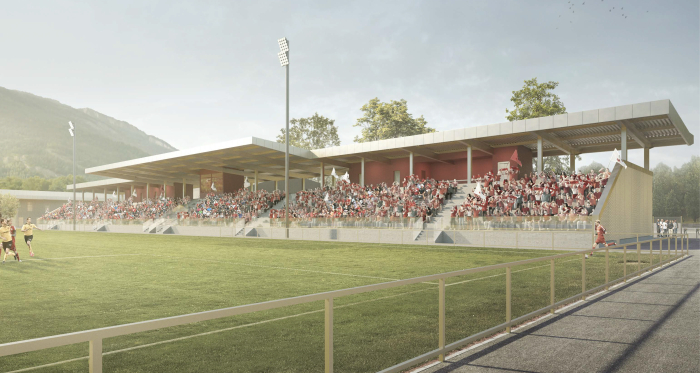 Visualisierung Rasensport Hauptspielfeld mit Tribüne Obere Au Chur