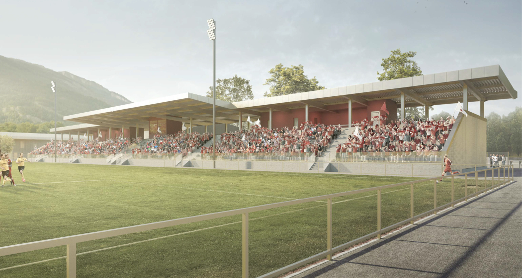 Visualisierung Rasensport Hauptspielfeld mit Tribüne Obere Au Chur Visualisierung Rasensport Hauptspielfeld mit Tribüne Obere Au Chur