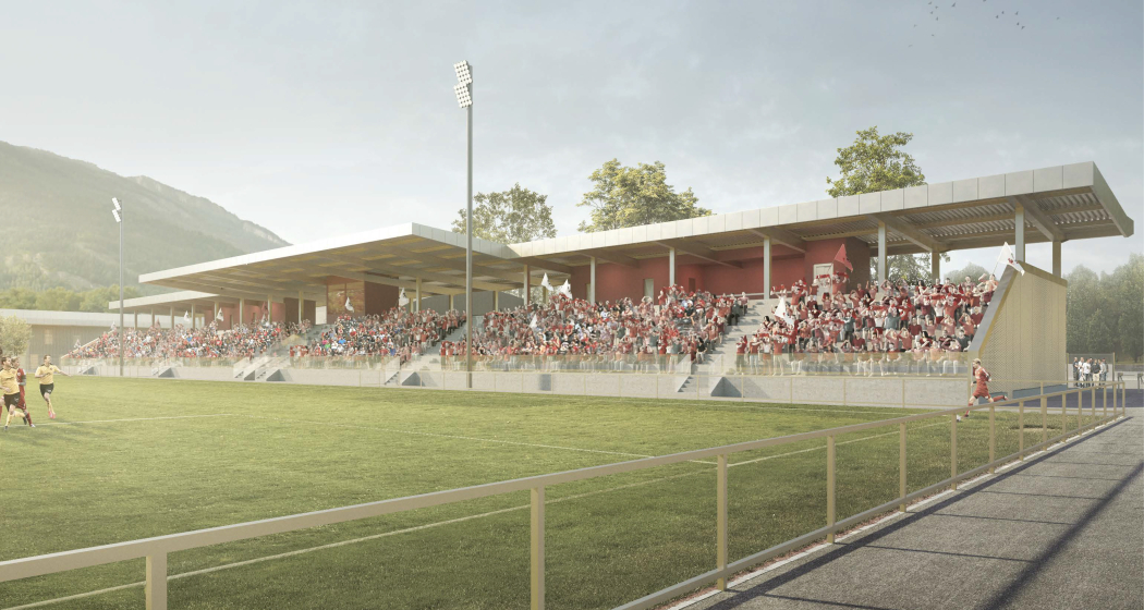 Visualisierung Rasensport Hauptspielfeld mit Tribüne Obere Au Chur Visualisierung Rasensport Hauptspielfeld mit Tribüne Obere Au Chur