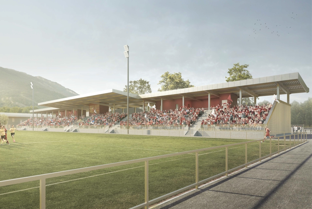 Visualisierung Rasensport Hauptspielfeld mit Tribüne Obere Au Chur