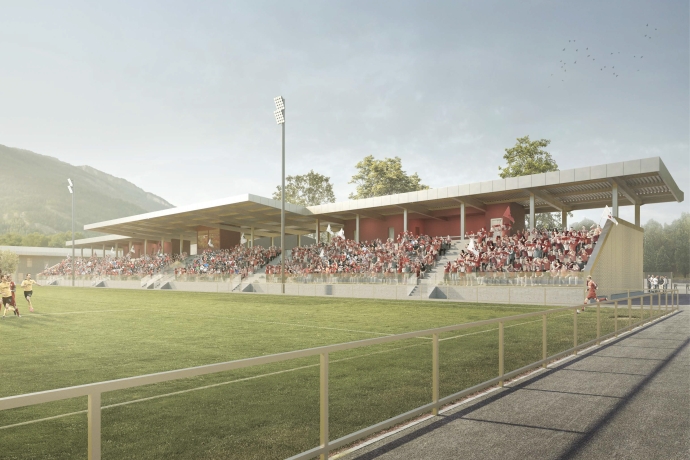 Visualisierung Rasensport Hauptspielfeld mit Tribüne Obere Au Chur Visualisierung Rasensport Hauptspielfeld mit Tribüne Obere Au Chur